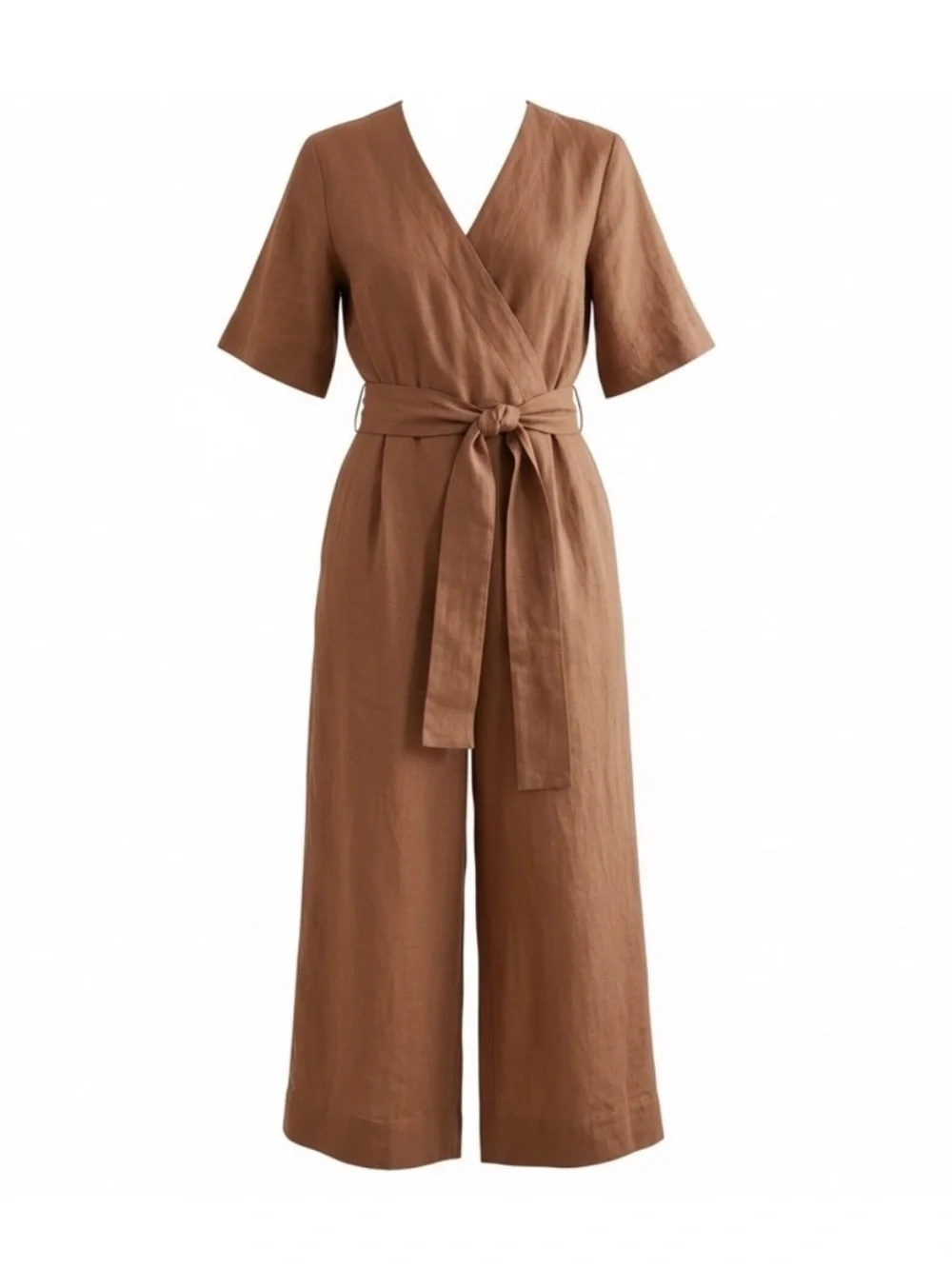 Everlane European Flax Linen Wide Leg Wrap Clay Brown Belted Jumpsuit 10 Summer